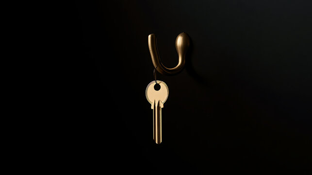 Minimalist photo of a single golden key hanging on a brass wall hook against a dark black background representing security and safety concept