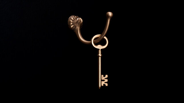 Vintage metal key hanging on a decorative bronze wall hook against a dark black background, studio shot with dramatic moody lighting design