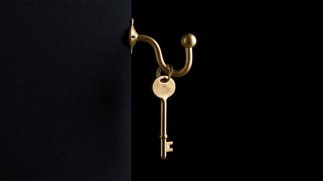 A single golden key hangs securely on a brass wall hook against a dark background, representing security, access, and minimalism design