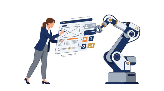 Businesswoman collaborating with advanced artificial intelligence robotic machinery to develop software applications and design user interface prototypes efficiently for modern tech enterprises
