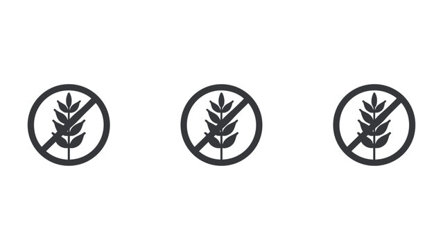 Set of three isolated grey gluten free icons featuring a stylized wheat stalk inside a circular prohibited sign for food safety labels