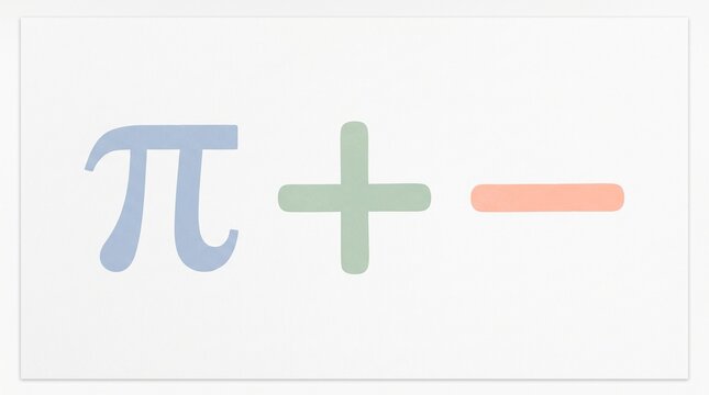 Simple graphic illustration, mid-century modern style, of stylized math symbols (pi, plus, minus), soft pastel palette, plain white background.
