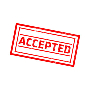 A bright red rectangular rubber stamp with the word accepted written in bold capital letters, isolated on a solid black background isolated on a transparent background