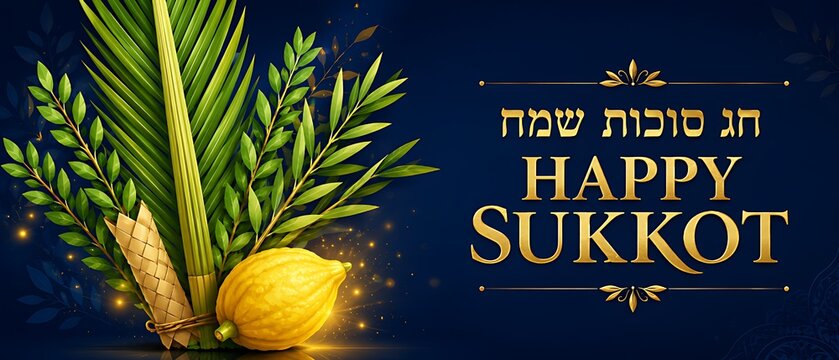 Happy Sukkot Banner with Golden Hebrew Typography Four Species Etrog and Lulav on Dark Blue
