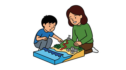 Fototapeta premium Mother and Son Studying a Diorama Map