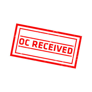A bright red rubber stamp mark with the words oc received written in bold capital letters inside a rectangular frame on a black background isolated on a transparent background