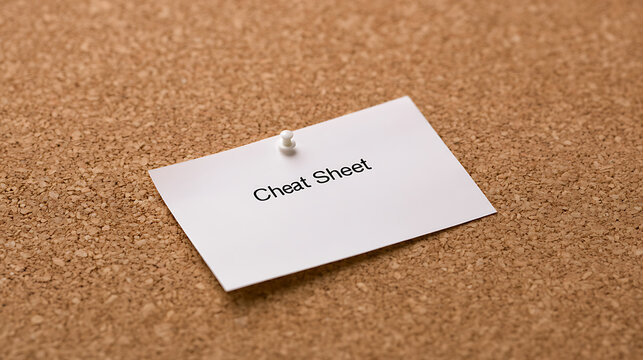 A white card with cheat sheet text pinned on a brown cork board for memory help, quick reference guide, study aid, or test preparation