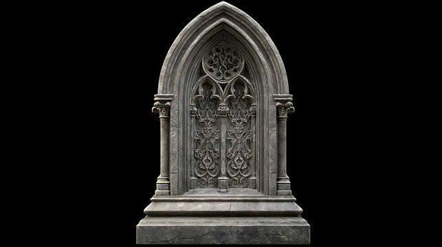 Ornate gothic tombstone with pointed arch and decorative stonework stands isolated