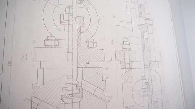 Technical drawing of a mechanical assembly. Pencil sketch with numbered parts, cross-sections and hatching. Engineering drafting on paper.