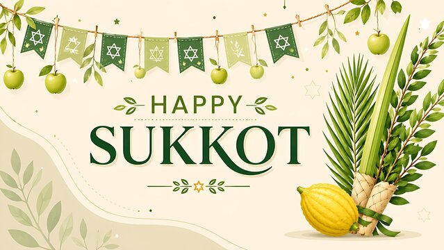 Happy Sukkot Banner with Traditional Four Species Hanging Bunting Garland and Green Apples