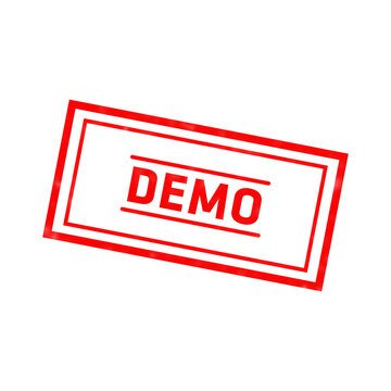 A red rubber stamp with the word demo centered inside a rectangular frame on a solid black background, for sample document marking isolated on a transparent background