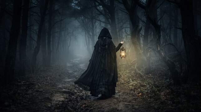 Misteriosa mujer con capa negra y capucha camina de noche por un bosque oscuro y neblinoso, iluminando su sendero con un farol antiguo.