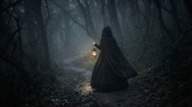 Misteriosa mujer con capa negra y capucha camina de noche por un bosque oscuro y neblinoso, iluminando su sendero con un farol antiguo.