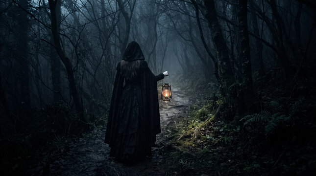 Misteriosa mujer con capa negra y capucha camina de noche por un bosque oscuro y neblinoso, iluminando su sendero con un farol antiguo.