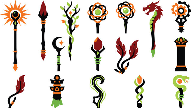 Fantasy magic staff icons, 16 mystical wizard wands and scepters, RPG game asset collection, medieval sorcerer weapon vectors
