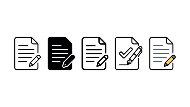 Set of five flat line and solid style document editing icons