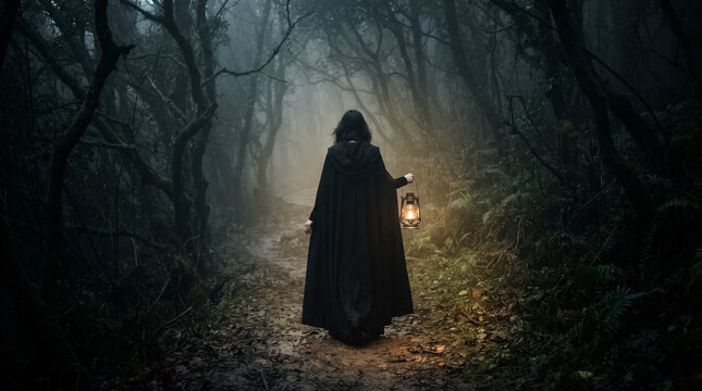Misteriosa mujer con capa negra y capucha camina de noche por un bosque oscuro y neblinoso, iluminando su sendero con un farol antiguo.