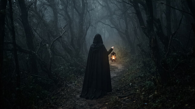 Misteriosa mujer con capa negra y capucha camina de noche por un bosque oscuro y neblinoso, iluminando su sendero con un farol antiguo.
