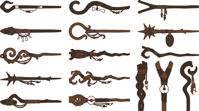 Fantasy magic staff collection, 15 wooden wizard wands and druid canes, rustic brown shaman sticks for game design and rpg assets