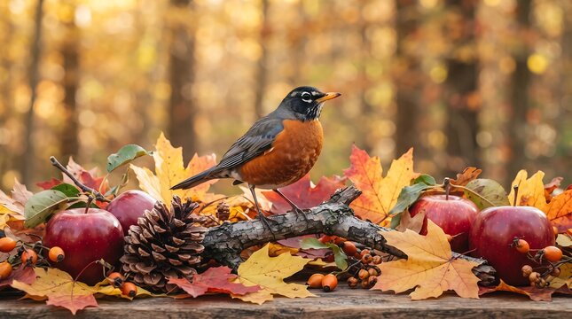 A beautiful American robin bird perched on a wooden branch surrounded by colorful autumn maple leaves red apples and pinecones outdoors
