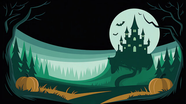 Dark halloween scene featuring a castle silhouette against a full moon backdrop