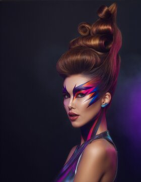 Woman posing with creative avant-garde hairstyle, futuristic body art makeup, and shimmering clothing, embodying beauty, fashion, and innovation against a dark background with subtle lighting