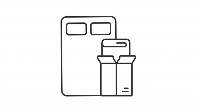 Animated mattress packaging outline icon. Home relocation service animation. Modern residential moving. Compact living benefits. Flat line motion graphic loop on transparent white