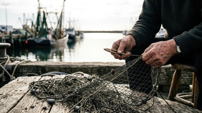 Fisherman repairing nets by the dock with boats in background
