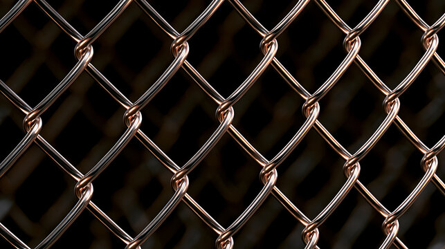 Metallic wire mesh fence displays a diamond grid pattern against a dark background