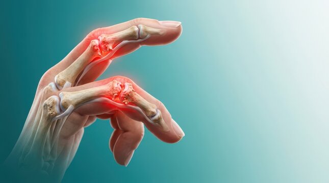 Hands with inflamed knuckles and arthritis pain highlighted in red