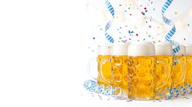 Oktoberfest Beer Mugs with Blue White Streamers and Confetti on White Background