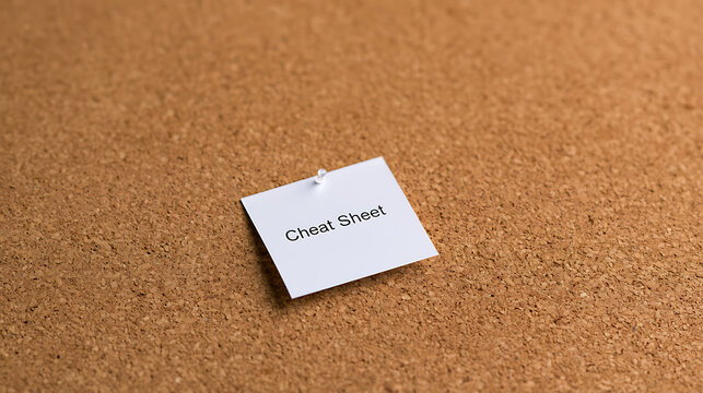A single white paper note with cheat sheet text pinned on a brown cork board surface for study reference reminder and school exam concept