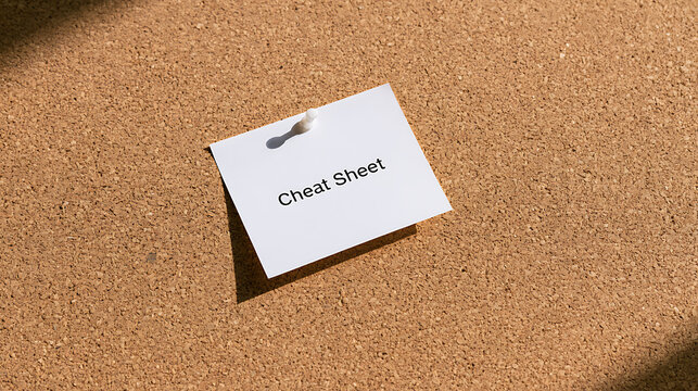 A white paper note with text cheat sheet pinned on a brown cork board surface background for educational and business study concept help