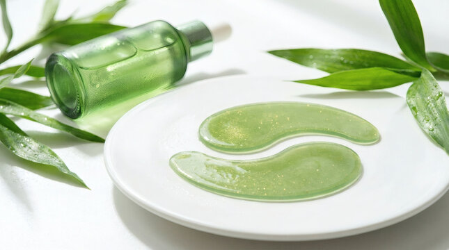 Green Hydrogel Eye Patches on Ceramic Plate with Wet Bamboo Leaves and Blurred Serum Bottle, Refreshing K-Beauty Skincare Product Concept for Anti Aging Eye Treatment and Wellness Advertisement