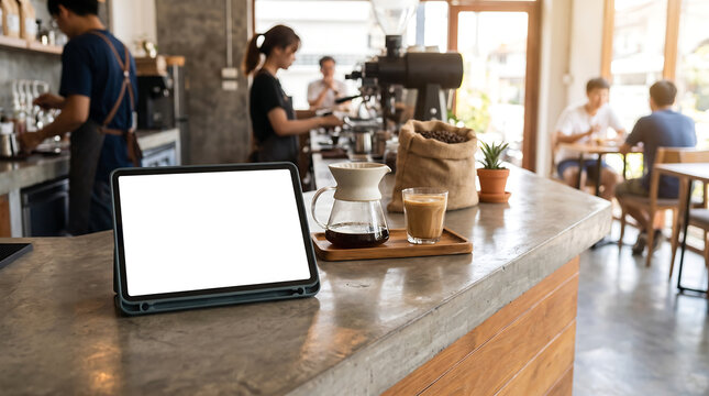 A tablet on a caf&eacute; counter beside coffee equipment and drinks, capturing the lively atmosphere of a modern coffee shop.