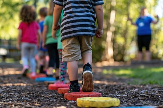 Children participating in movement circuit activity outdoors with educator supervising