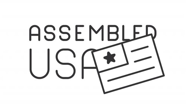 Animated assembled in USA badge outline icon. Foreign details usage animation. Final product was put together on US soil. Manufacturing process. Flat line motion graphic loop on transparent white
