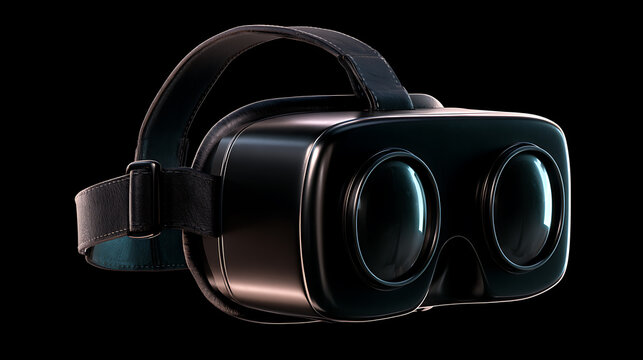 A black virtual reality headset with adjustable straps is displayed against a dark background