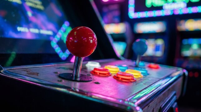 Close-up of a vintage arcade game machine with a red joystick and colorful buttons, illuminated by neon lights in a retro gaming hall, concept of retro gaming and nostalgia