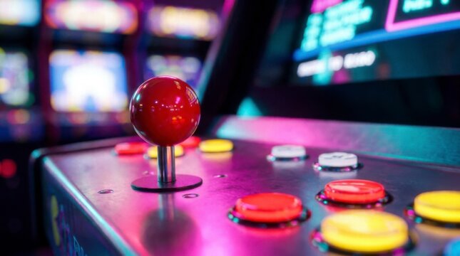 Close-up of a red joystick on a retro arcade game machine with colorful glowing buttons and blurred background, concept of retro gaming and entertainment