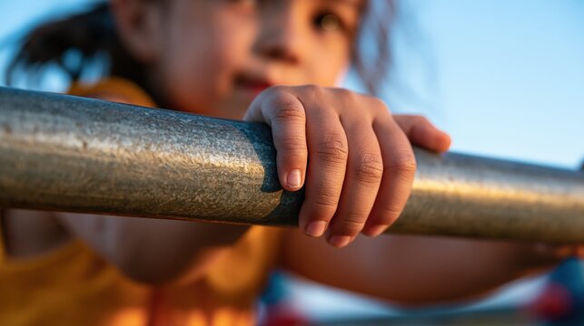 Child gripping monkey bar at playground from over - the - shoulder perspective