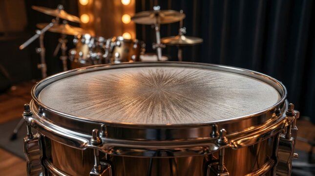 Close-up of a snare drum with a textured white drumhead and shiny metal rim, set against a blurred background of a drum kit and warm stage lights in a music studio, concept of music, rhythm, and perfo