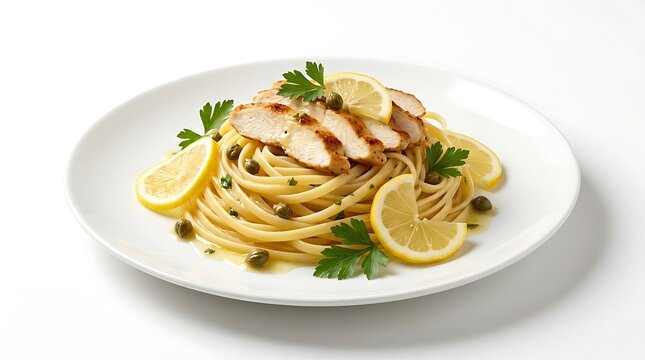 A delicious plate of chicken piccata pasta with lemon slices capers and fresh parsley on a white background