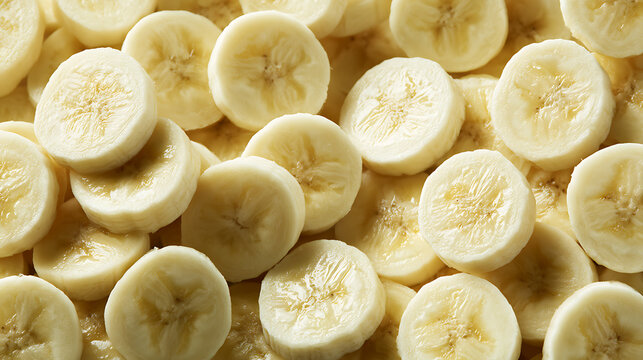 Sliced bananas arranged closely together a bright yellow food background