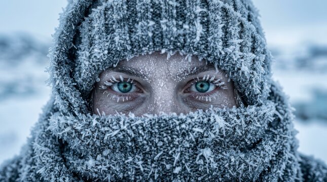 Close-up of a woman's eyes peeking through a heavily frosted knitted hat and scarf in extreme cold, with ice crystals covering her eyelashes and eyebrows, concept of extreme cold and winter survival