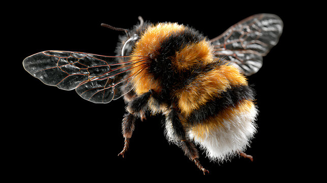 Isolated bumblebee in flight with outstretched wings against a black background