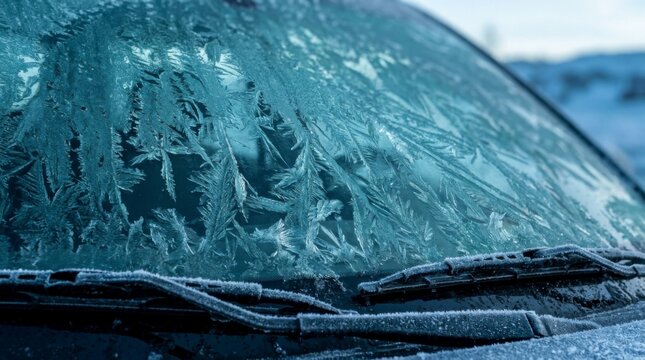 Close-up of intricate frost patterns covering a car windshield and wipers on a cold winter morning, showcasing the delicate beauty of ice crystals, concept of winter and cold weather