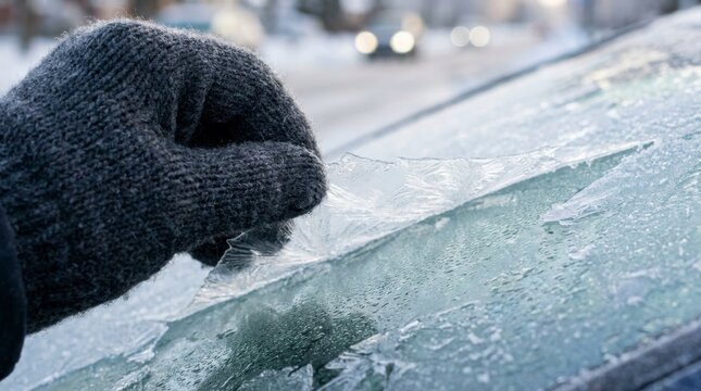 Gloved hand scraping and peeling a thick layer of ice off a car windshield on a cold winter morning with blurred street in the background, concept of winter challenges and daily chores