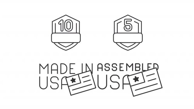 Animated product warranty outline icons. Goods quality and origin country animation set. American manufacturing of stuff. National industry. Flat line motion graphics loop on transparent white