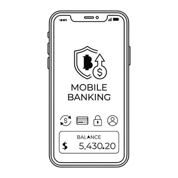 Mobile Banking App Interface with Bitcoin Wallet and Secure Balance Display Line Icon